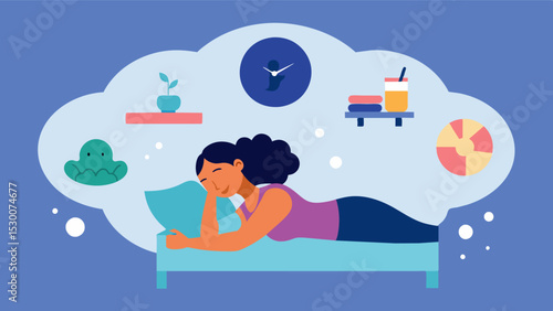 A woman sleeping in bed with a dream bubble above her filled with images of physical activity emphasizing the connection between regular exercise and better sleep and consequently. Vector illustration