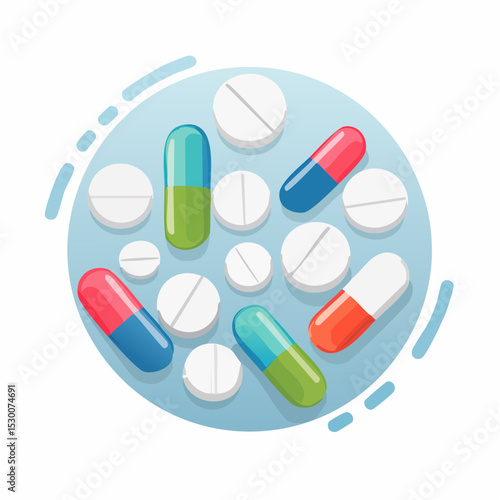 Assortment of Colorful Pills and Tablets Medication and Healthcare Illustration