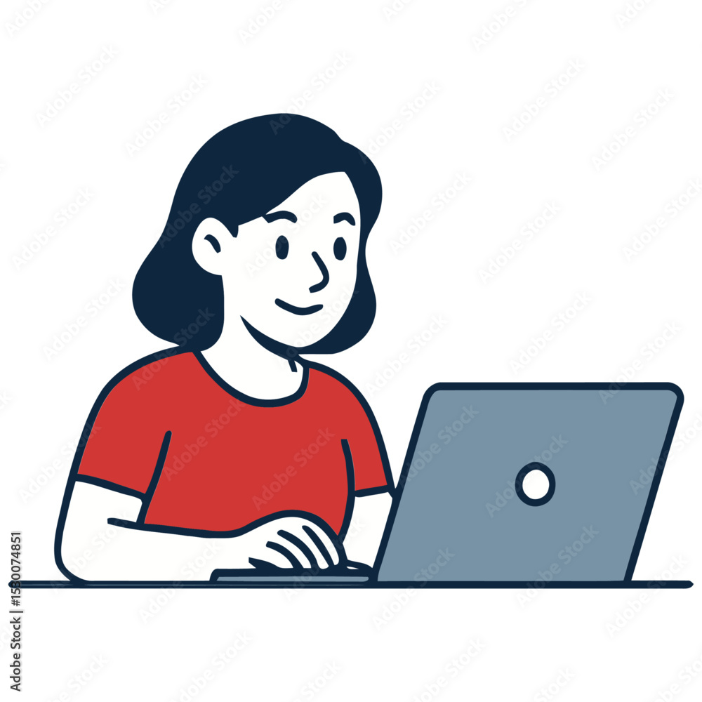 Smiling Woman Working on Laptop, Simple Line Art Illustration Smiling Woman Working on Laptop, Simple Line Art Illustration