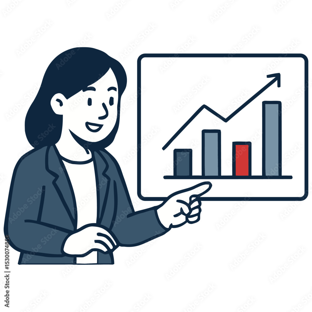 Smiling Businesswoman Presenting Upward Trending Bar Graph Illustration Smiling Businesswoman Presenting Upward Trending Bar Graph Illustration