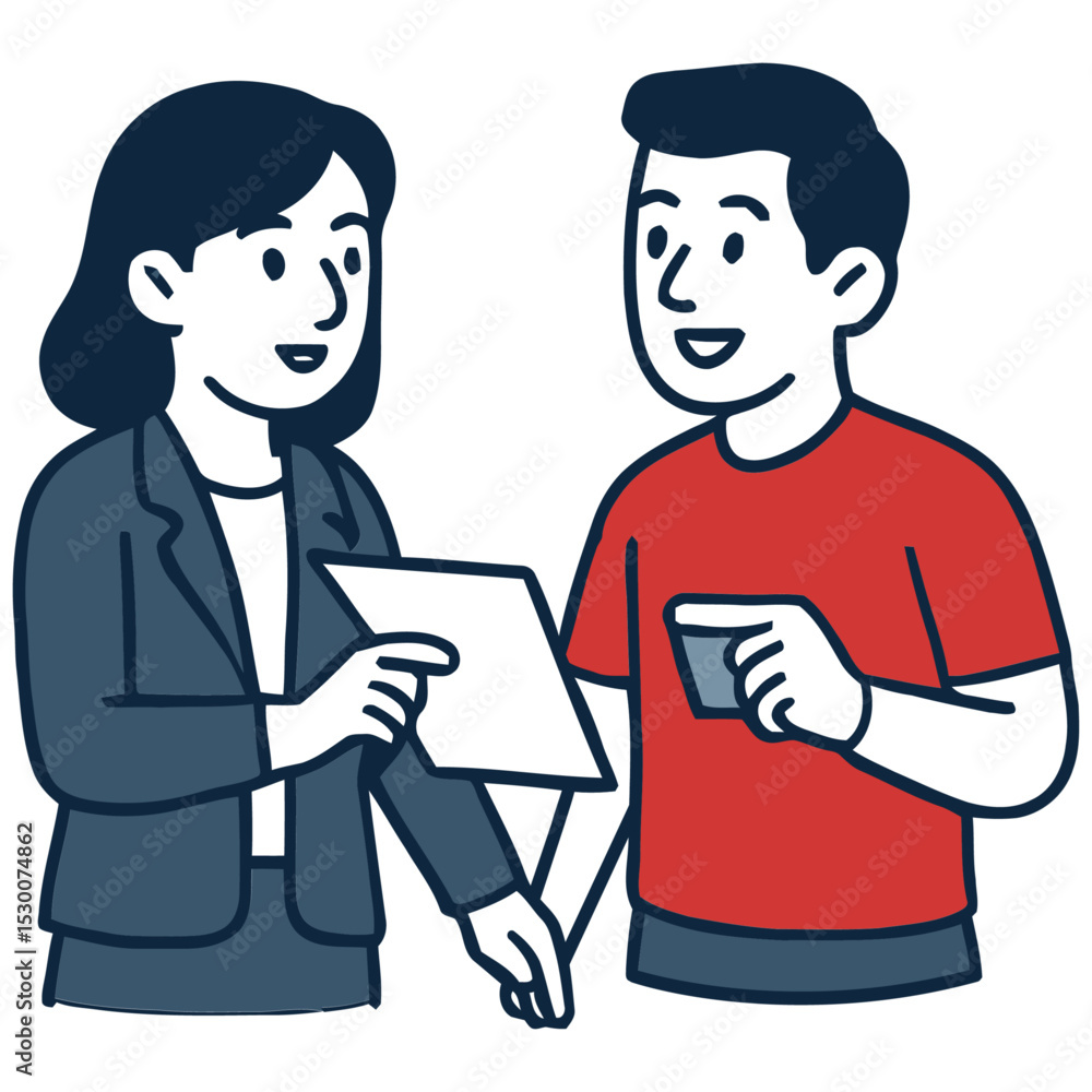 Friendly Businesswoman and Casual Man Discussing Documents & Smartphone Friendly Businesswoman and Casual Man Discussing Documents & Smartphone