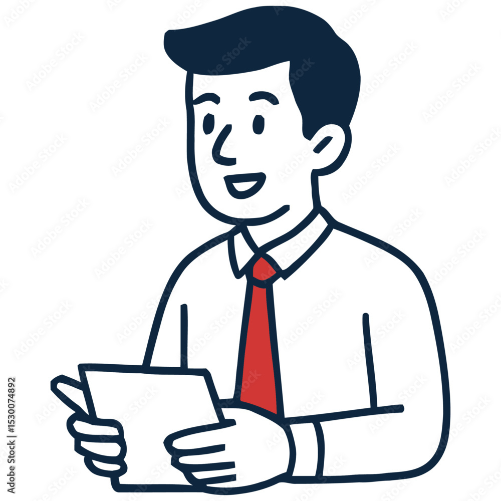 Smiling Businessman Reviewing Documents - Simple Line Art Illustration Smiling Businessman Reviewing Documents - Simple Line Art Illustration