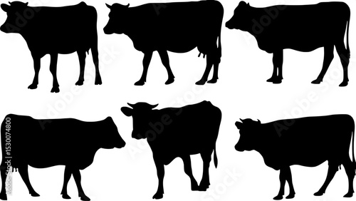 "Produce a neutral, evenly spaced grid of cow silhouettes in black, each pose distinct, with uniform profile views and no shading or detail."


