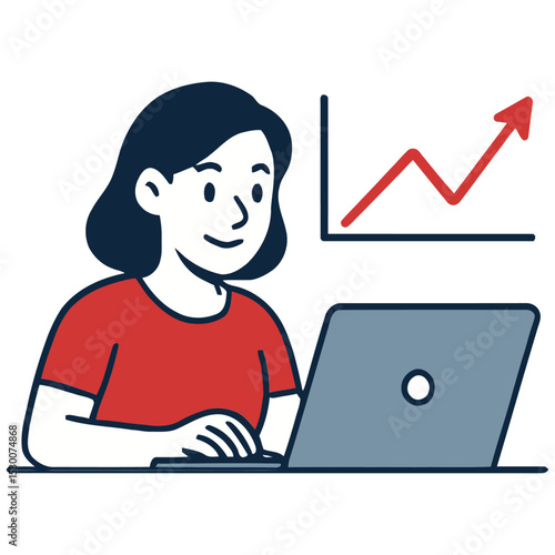 Smiling Woman Working on Laptop with Upward Trending Graph