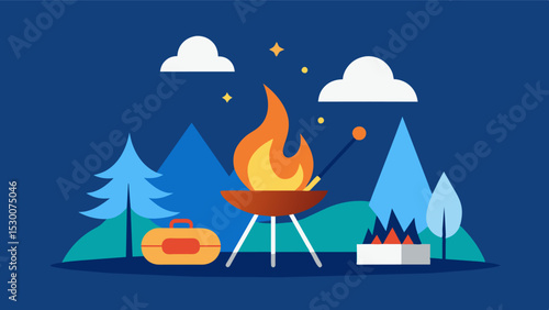 Barbecuing and cooking over an open fire while camping stimulates the senses and can be a creative and relaxing activity for the mind.. Vector illustration