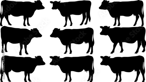 "Create a collection of solid black cow silhouettes in profile, with poses ranging from upright to resting, composed symmetrically in a white-frame grid."


