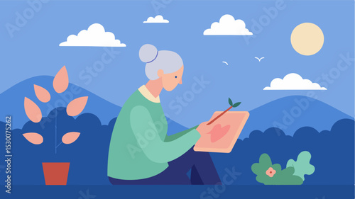 A woman with Alzheimers disease painting a peaceful nature scene finding a sense of calm and purpose through the therapeutic activity.. Vector illustration