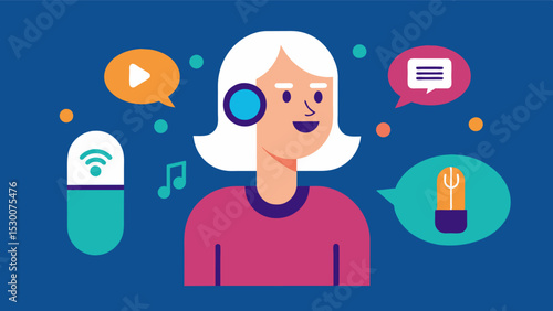 A voiceactivated virtual assistant that can help a person with dementia with daily tasks such as setting reminders or playing music.. Vector illustration