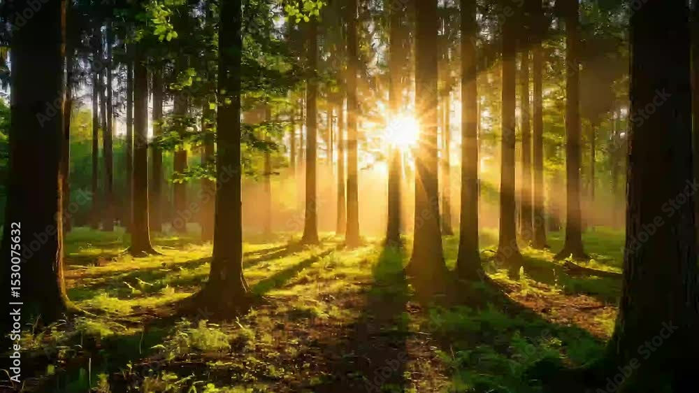 Sunlight Streaming Through Tall Forest Trees During Morning With Sun Rays Creating Warm Atmosphere Sunlight Streaming Through Tall Forest Trees During Morning With Sun Rays Creating Warm Atmosphere