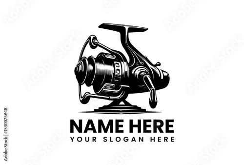 Detailed black silhouette of a modern spinning fishing reel, showcasing its intricate mechanical design. Fishing concept