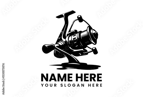 Detailed black silhouette of a modern spinning fishing reel, showcasing its intricate mechanical design. Fishing concept