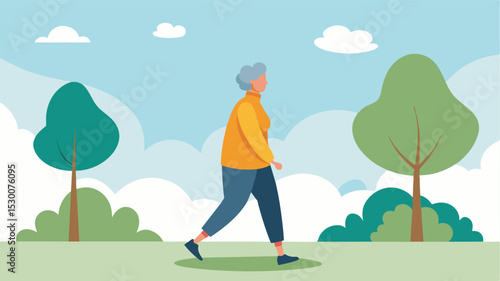 An elderly individual practicing mindfulness while walking in a peaceful nature setting focusing on their breath and surroundings. This type of walk promoting relaxation and aiding. Vector
