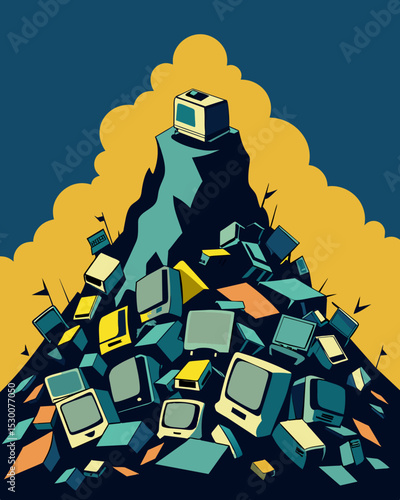 A jumble of discarded TVs printers and gaming consoles forms a steep jagged slope like a twisted mountain range made of electronic waste.. Vector illustration