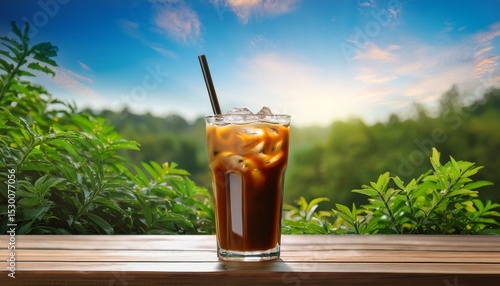Wallpaper Mural refreshing glass of iced coffee on wooden table with vibrant nature background showcasing lush greenery and bright sky perfect for warm day Torontodigital.ca