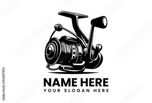 Minimalist black silhouette fishing reel logo with intricate mechanical vector design  
