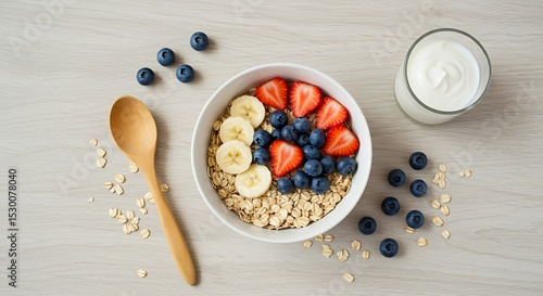 Healthy breakfast with fresh fruits and oats
