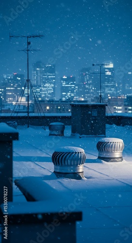 Urban Building Roof with Snow at Dusk
