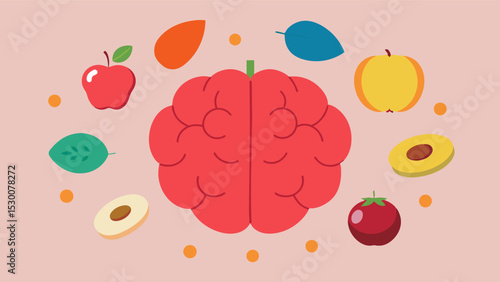 BrainHealthy Snack Options An eyecatching illustration of a brain surrounded by various healthy snack options such as nuts seeds and fruits to remind viewers to choose. Vector illustration
