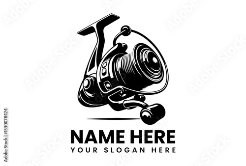 Minimalist black silhouette fishing reel logo with intricate mechanical vector design  
