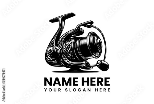 Detailed vector silhouette of a spinning fishing reel in black for logo or branding  