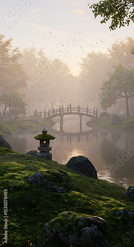Japanese garden with morning mist
