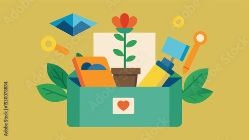 An illustration of a memory box that holds a small gardening tool a packet of seeds and photos of a persons lush garden. This box represents the joy and fulfillment gardening has. Vector illustration