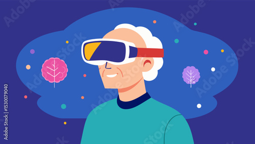 An older adult utilizing a virtual reality headset to engage in immersive braintraining activities strengthening their mental acuity and memory.. Vector illustration