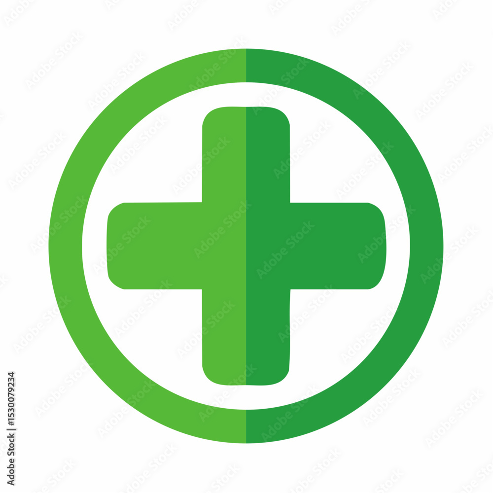 Green medical cross symbol within a circle, representing healthcare or medicine. Green medical cross symbol within a circle, representing healthcare or medicine.