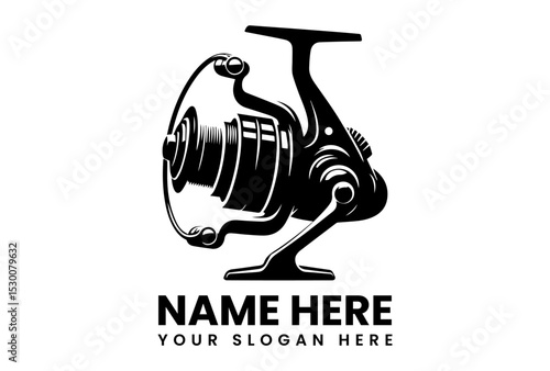 Detailed vector silhouette of a spinning fishing reel in black for logo or branding  