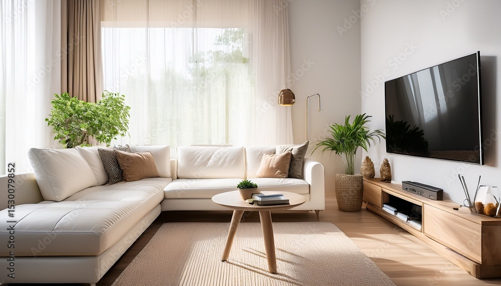 Fototapeta premium living room interior home white sofa tv console bright living room