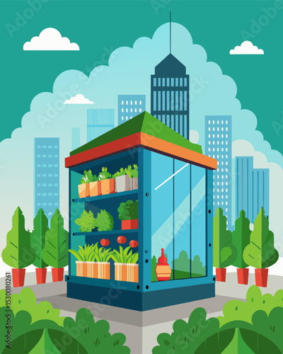 A converted shipping container turned into a hydroponic farm producing fresh greens and vegetables yearround in the middle of the city.. Vector illustration