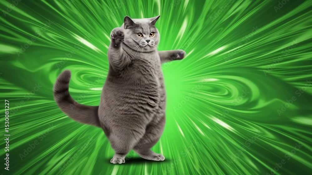 Gato gris, gordito y divertido bailando sobre un fondo abstracto, video

