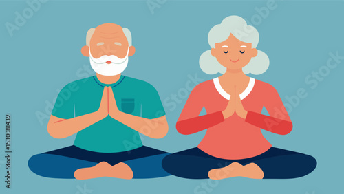 An elderly couple sits together eyes closed and hands joined as they practice a couples meditation. They connect on a deeper level and find peace and harmony within themselves and. Vector illustration
