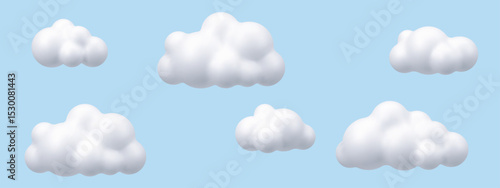 White voluminous 3d cloud vector render cartoon set in light blue sky for weather forecast or children story illustration.