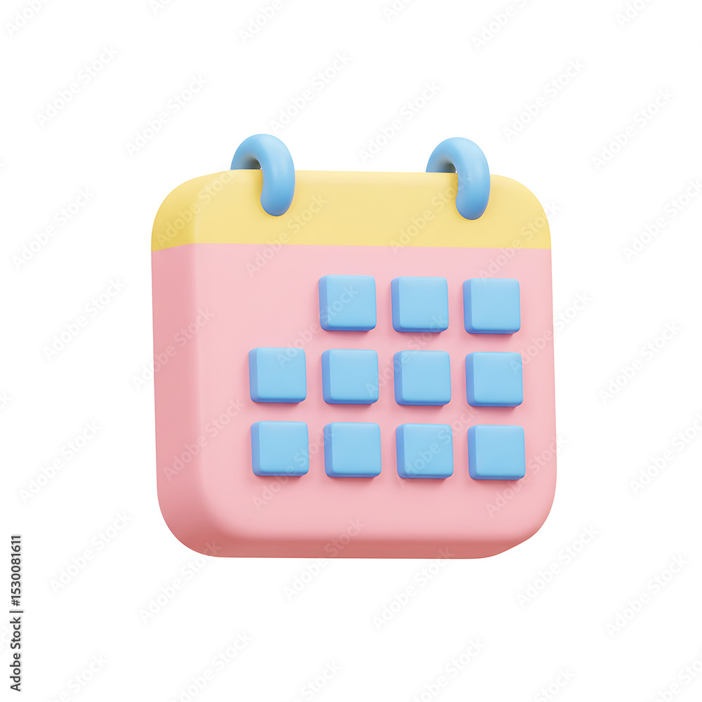 3D pastel pink calendar icon with blue squares and yellow top for event planning or scheduling apps png,transparency,icon
