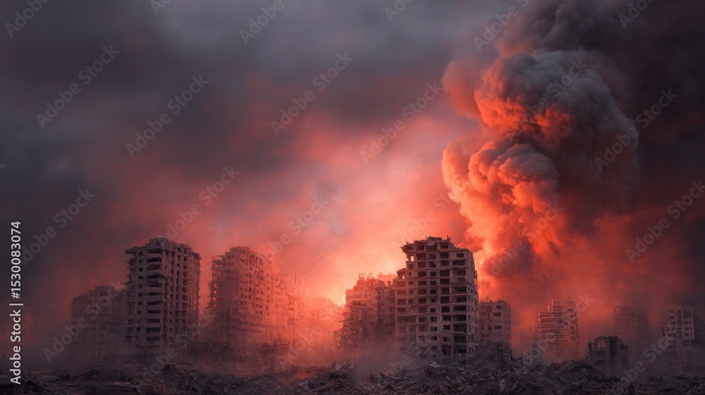 Post-Apocalyptic Cityscape: Devastation and Ruin at Sunset Post-Apocalyptic Cityscape: Devastation and Ruin at Sunset