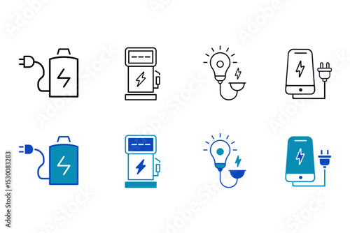 Charging solid line  icons set. Charge, battery, energy, electricity, charger, recharge, electric car and charging station symbols. Editable Vector illustration