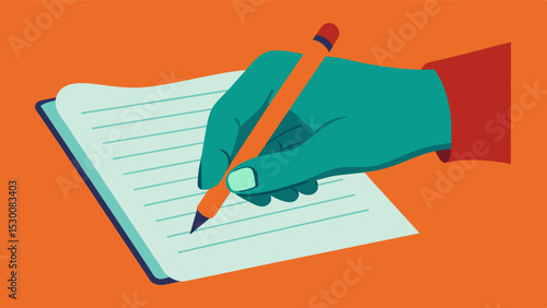 A wrinkled hand holds a pen tightly scribbling words onto a lined notebook page. Memories and important details about life are carefully recorded for future reference.. Vector illustration