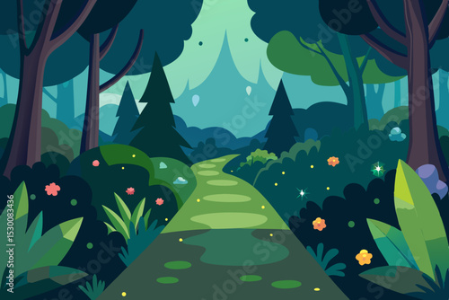 Enchanting Forest Trail Animation Video Background with Cartoon Plants Vector