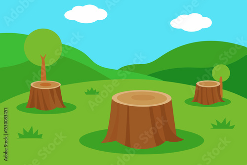 Peaceful Tree Stumps Animation Cartoon Video Background on Green Lawn Vector
