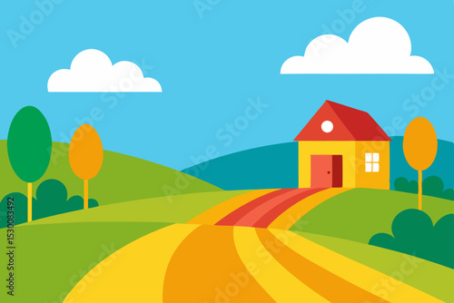 Scenic Farmland Animation Video Background with Path and Horizon Vector Art