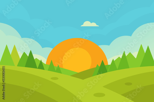 Scenic Valley Animation Video Background with Bright Rising Sun Vector