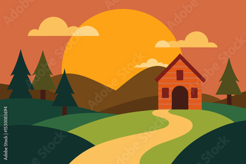 Charming Valley Animation Video Background with Cottage and Sunrise Vector