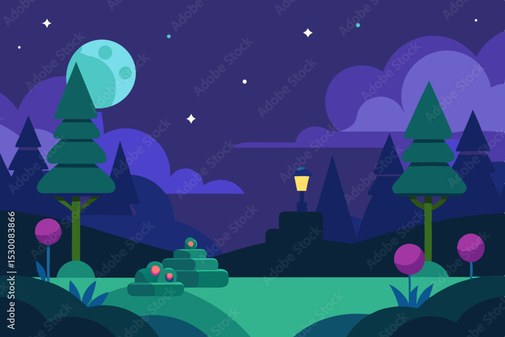 Naklejka premium Peaceful Night Garden Animation Cartoon Video Background with Glowing Sky Vector