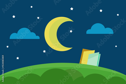 Enchanting Storybook Grassland Animation Video Background with Moon Vector