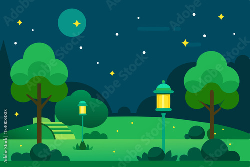 Enchanting Whimsical Park Animation Cartoon Video Background with Stars Vector