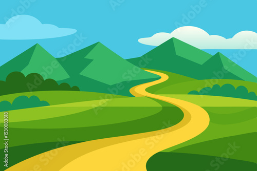 Scenic Lush Green Fields Animation Cartoon Video Background with Path Vector