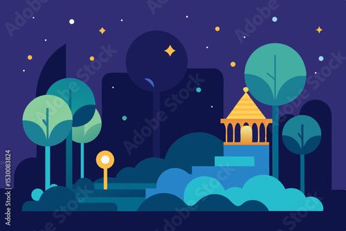 Magical Illustrated Fantasy Park Animation Video Background with Stars Vector