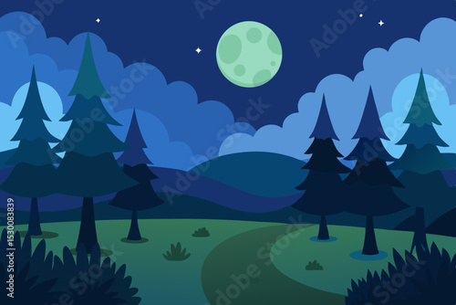 Tranquil Peaceful Forest Animation Cartoon Video Background with Moon Vector