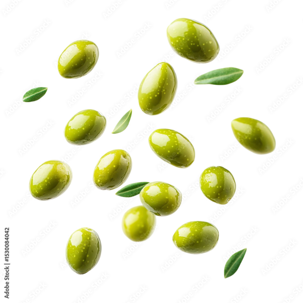 Green olives falling on a striped background with leaves Green olives falling on a striped background with leaves